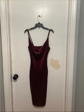 IRIS Burgundy Sparkle Cowl Neck Midi Dress